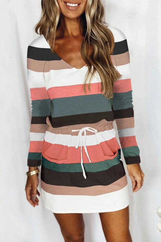 Stripe Print Colorblock Tie Waist Dress with Pocket - L & M Kee, LLC