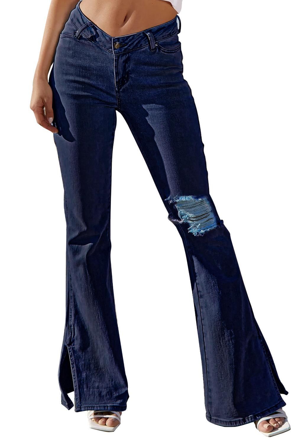 Ripped Slit Legs Flare Jeans - L & M Kee, LLC