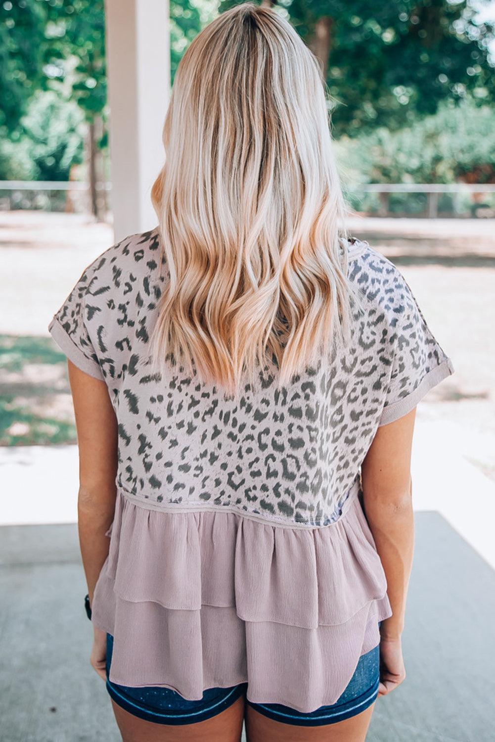 Leopard Tiered Ruffle Short Sleeve Top - L & M Kee, LLC