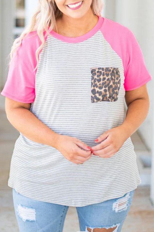 Stripe Leopard Patch Pocket Plus Size Raglan Sleeve Tee - L & M Kee, LLC