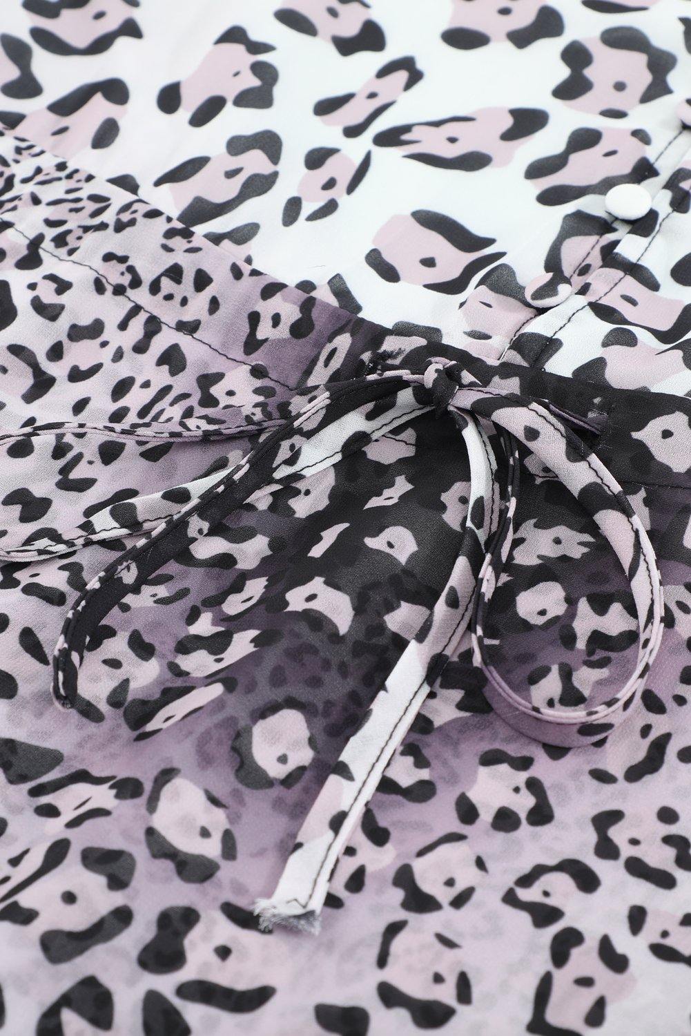 Leopard Buttoned Tie Waist Ruffle Puff Sleeve Mini Dress - L & M Kee, LLC