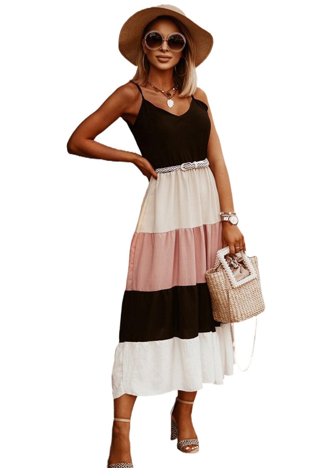 Color Block Sleeveless V Neck Long Dress - L & M Kee, LLC