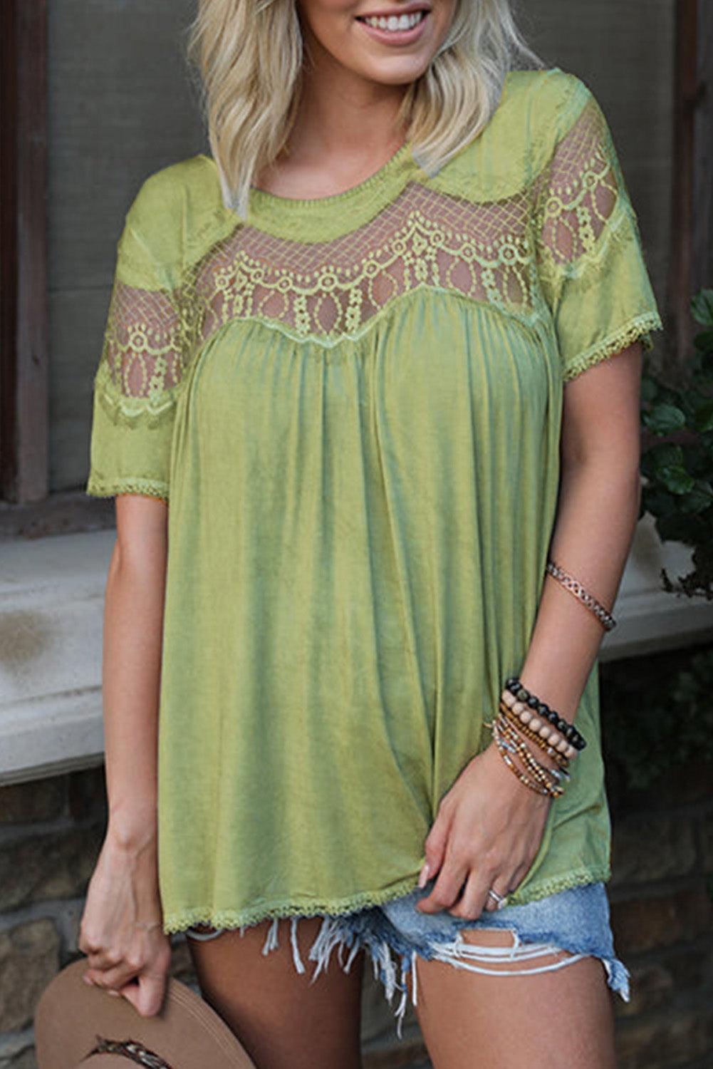 Mesh Lace Trim Short Sleeve Top - L & M Kee, LLC