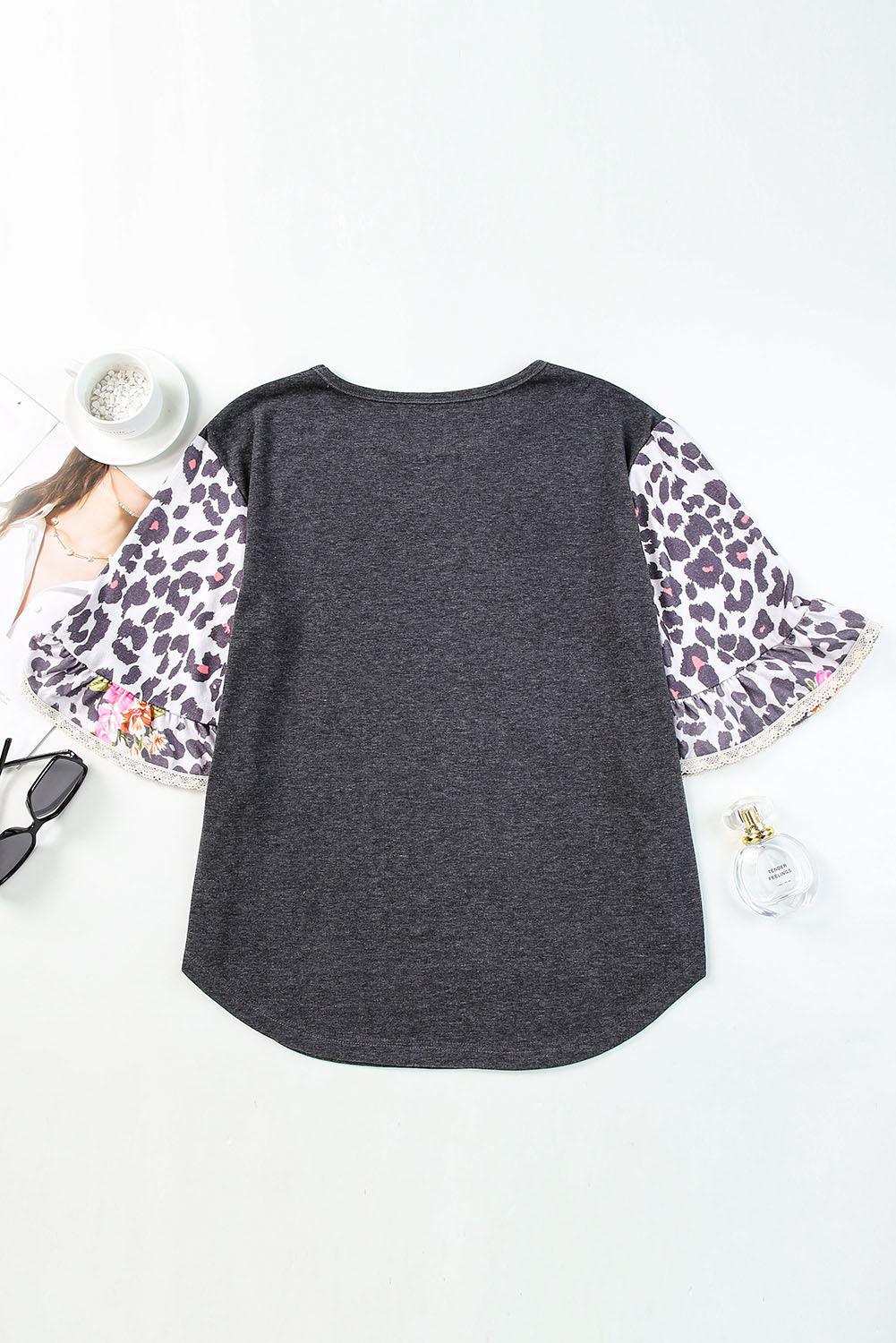 Ruffle Bell Sleeve Leopard Floral Patchwork Top