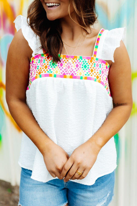 Aztec Embroidered Square Neck Ruffle Tank Top - L & M Kee, LLC