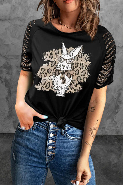 Leopard Sunflower Blessed Mom Graphic Ripped Sleeves T-shirt - L & M Kee, LLC
