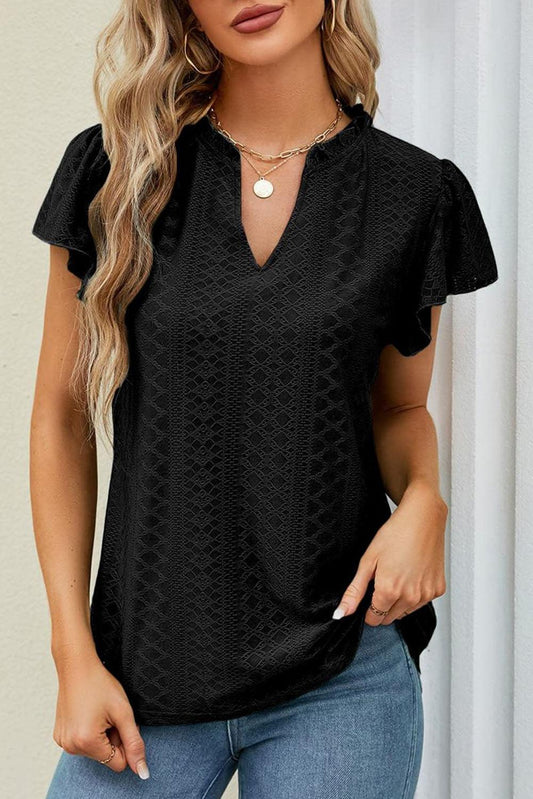 Eyelet Lace Textured V Neck Flutter Blouse - L & M Kee, LLC