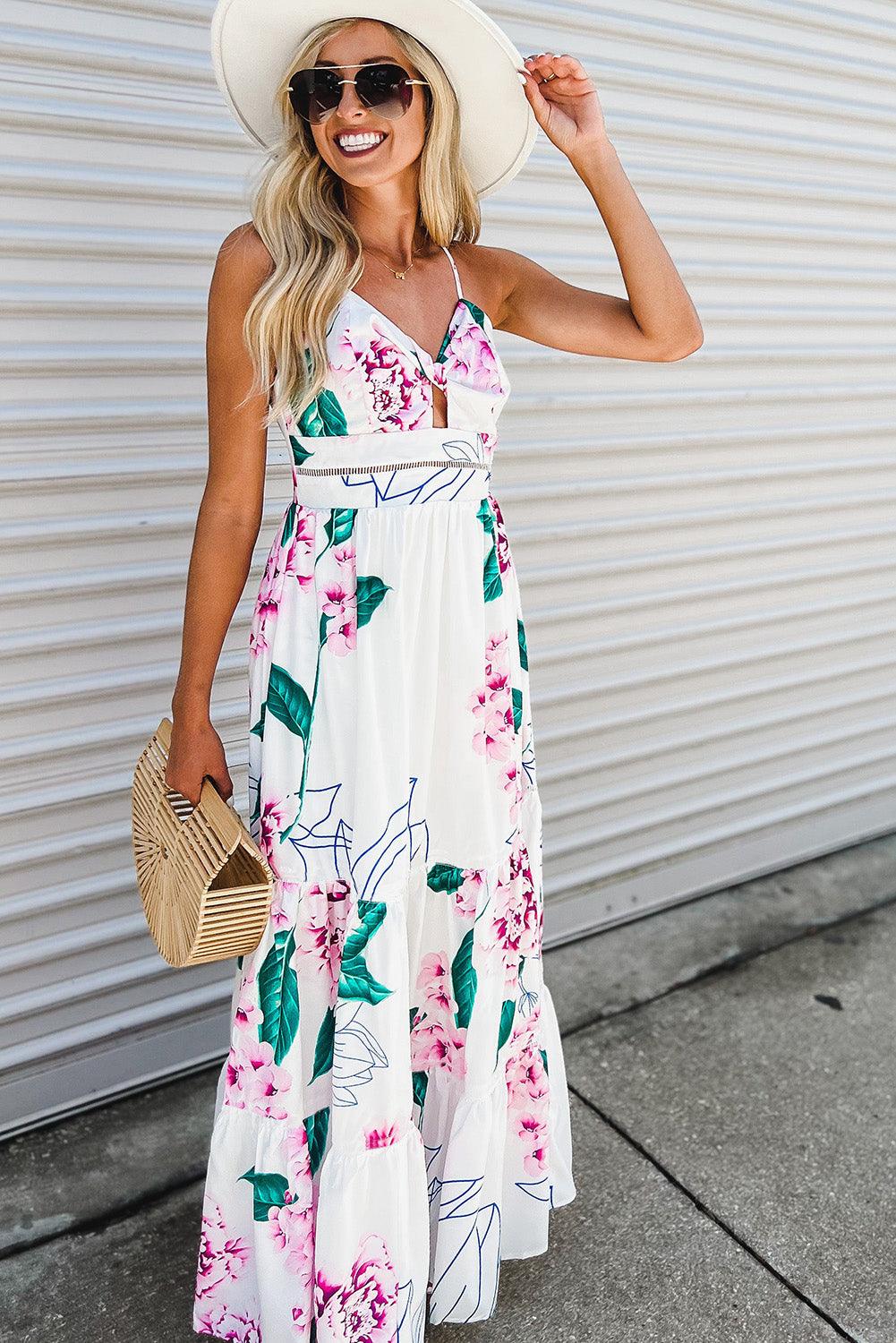 Floral Twist Cutout Adjustable Straps Maxi Dress - L & M Kee, LLC