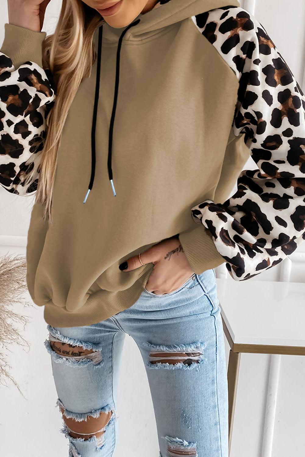 Khaki Leopard Bishop Sleeve Hooded Sweatshirt - L & M Kee, LLC