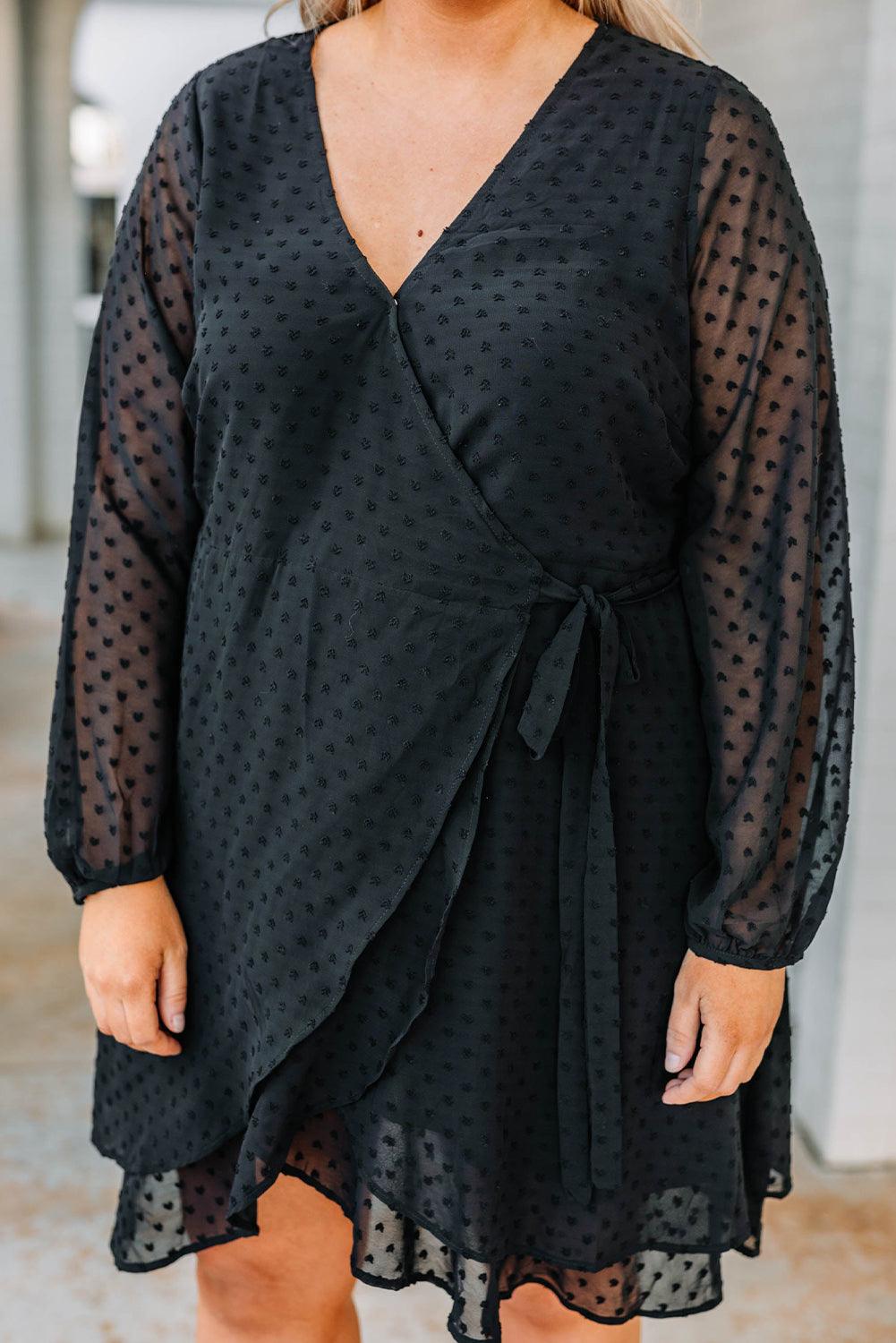 Plus Size Swiss Dot V Neck Wrap Long Sleeve Dress - L & M Kee, LLC
