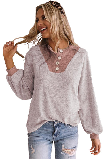 Button Contrast Puff Sleeve Blouse - L & M Kee, LLC