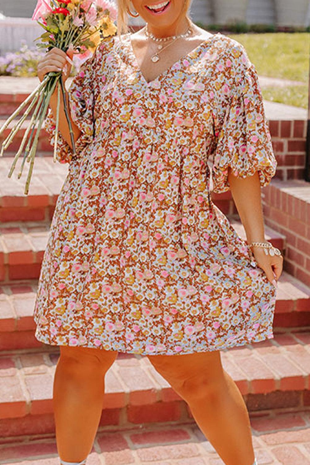 Multicolor Plus Size Floral Print Puff Sleeves Dress - L & M Kee, LLC