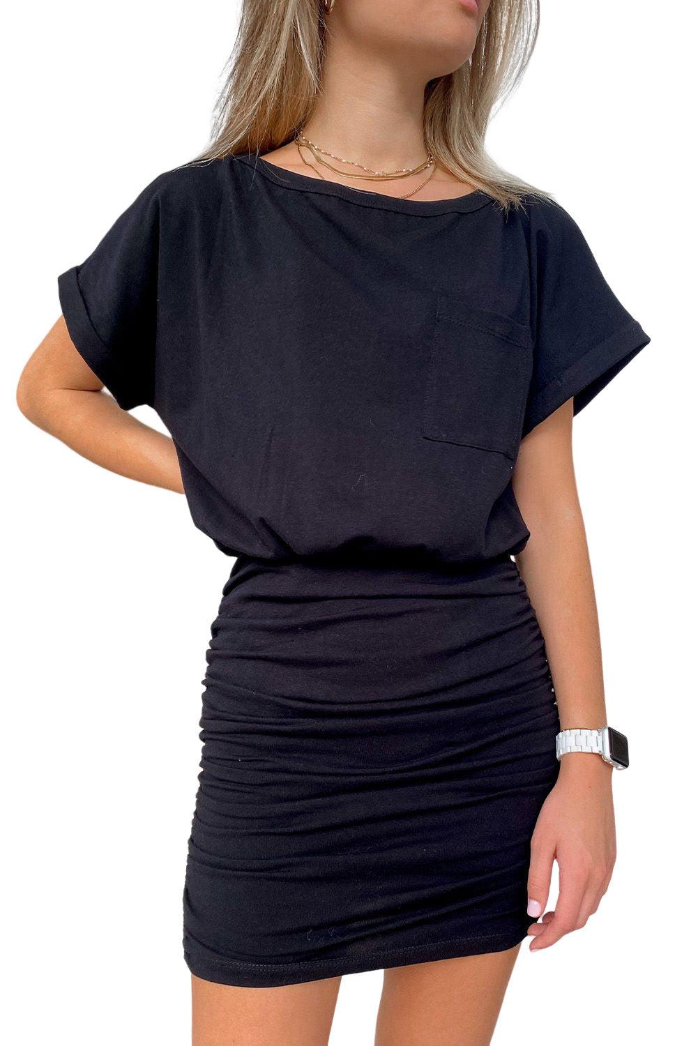 Chest Pocket Loose T-shirt Ruched Bodycon Mini Dress - L & M Kee, LLC