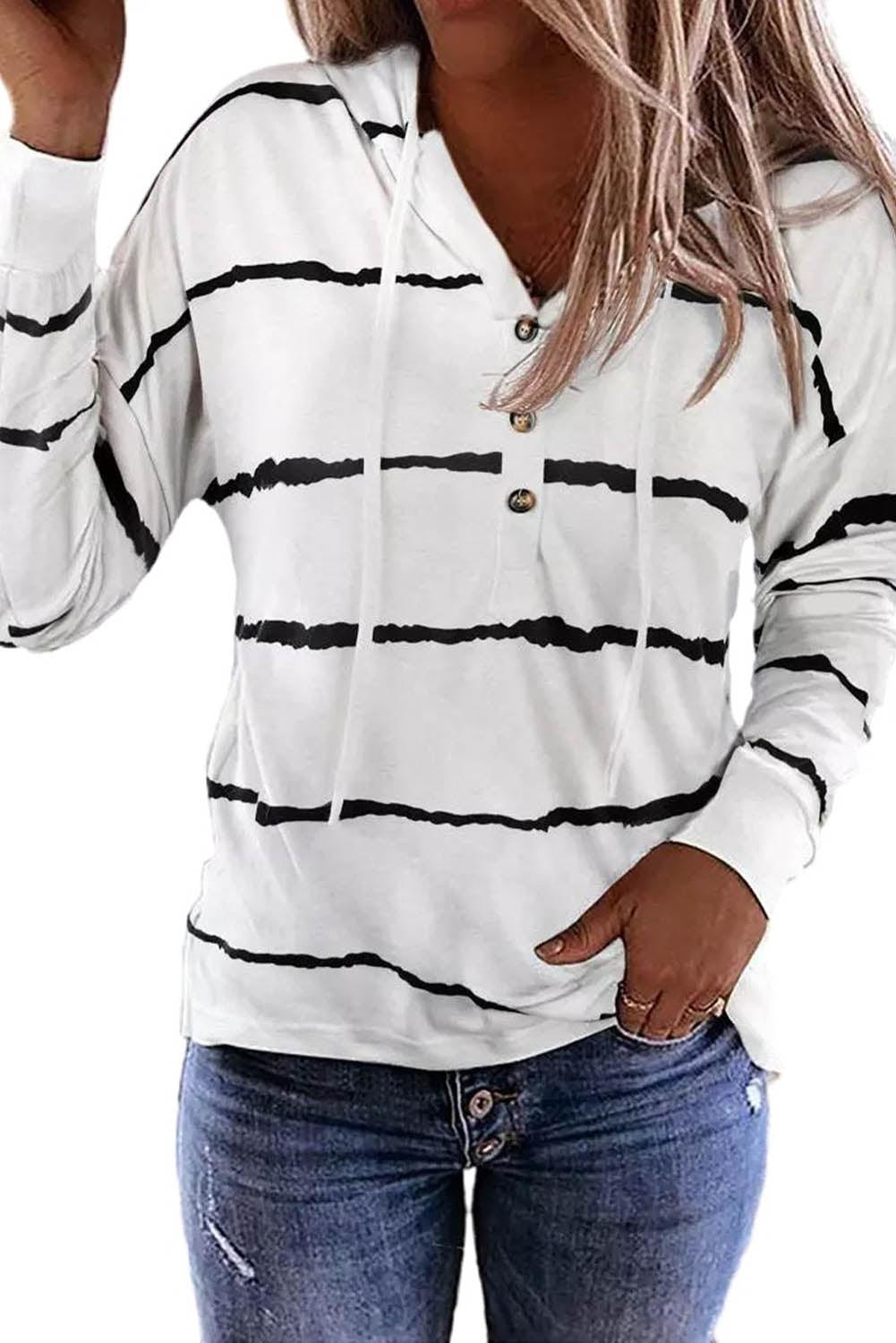 Striped Drawstring Button Long Sleeve Hoodie - L & M Kee, LLC