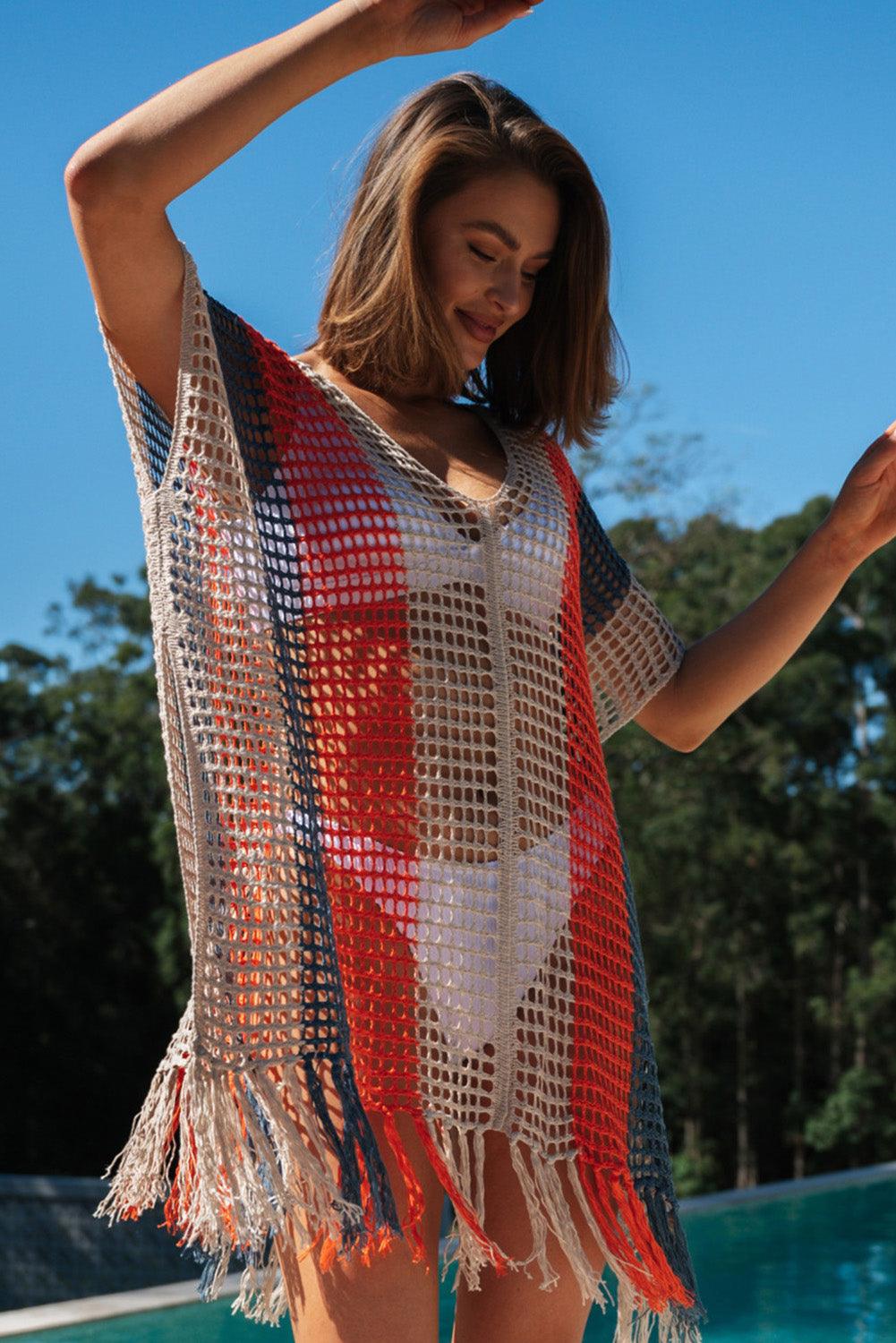 Multicolor Striped Tassel Crochet V Neck Beach Cover Up - L & M Kee, LLC