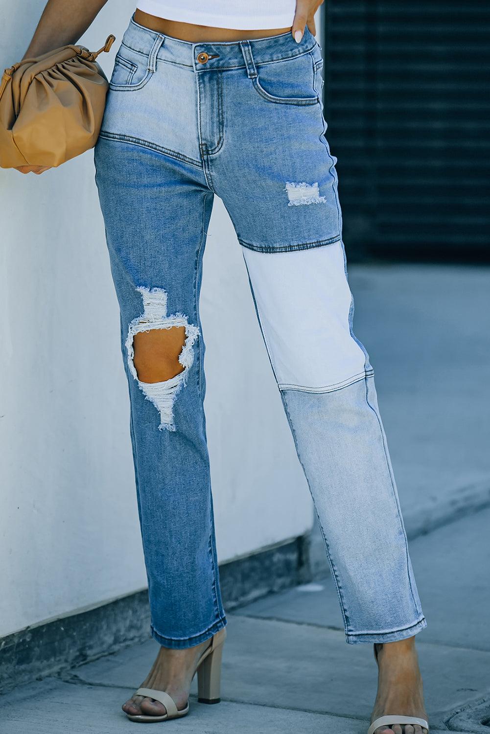 Colorblock Patchwork Ripped Hole Crop Straight Jeans - L & M Kee, LLC