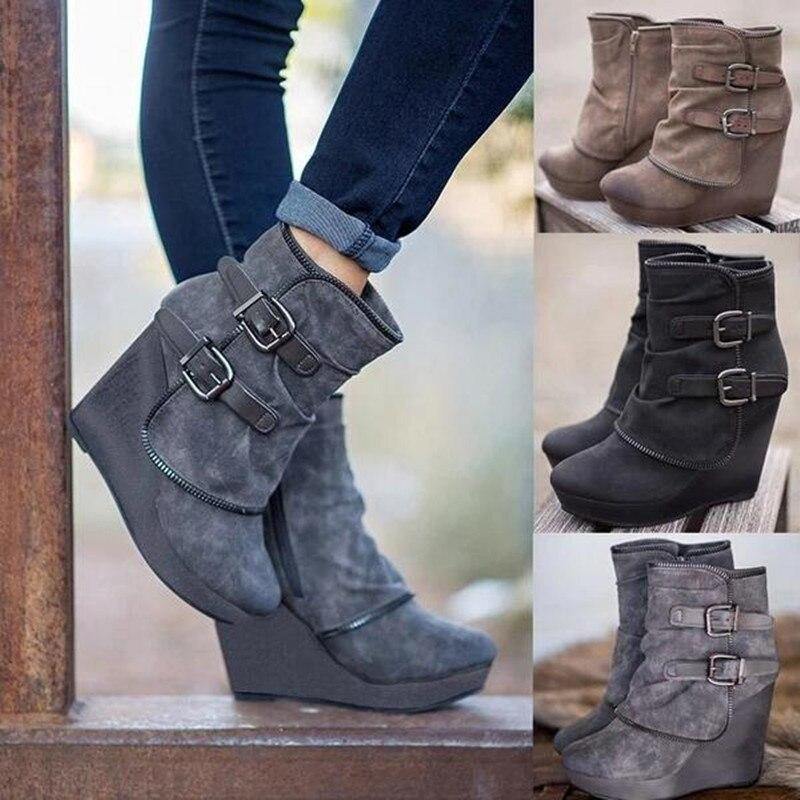 Suede Round Toe Wedge Boots - L & M Kee, LLC