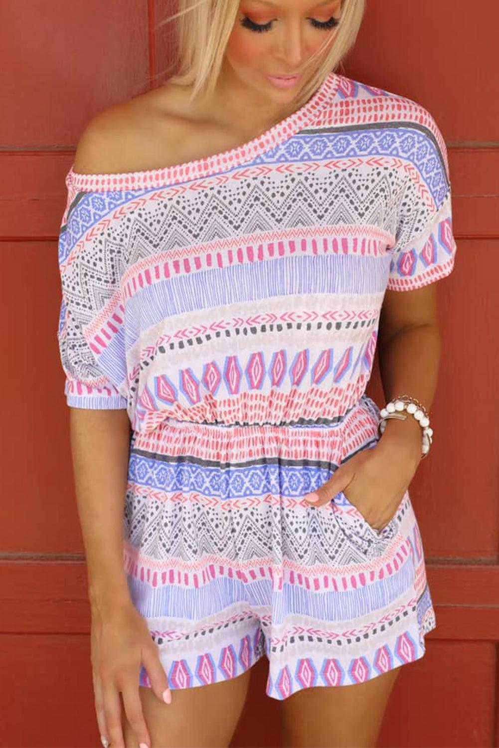 Multicolor Aztec Print Short Sleeve Romper - L & M Kee, LLC