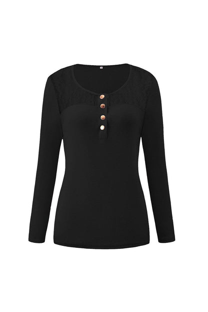Lace Splicing Buttoned Long Sleeve Top - L & M Kee, LLC