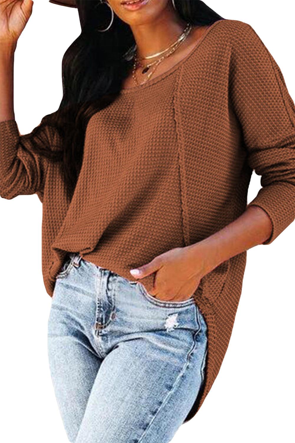 Waffle Knit Splicing Buttons Long Sleeve Top - L & M Kee, LLC