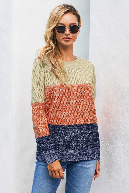 Gray Color Block Netted Texture Pullover Sweater - L & M Kee, LLC