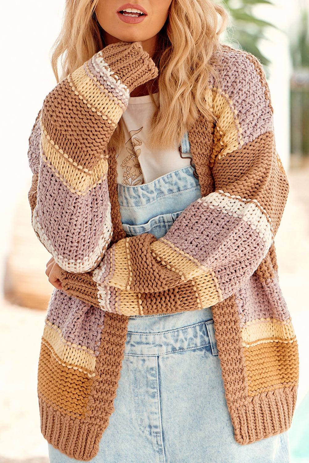Color Block Knit Drop Shoulder Open Front Sweater - L & M Kee, LLC