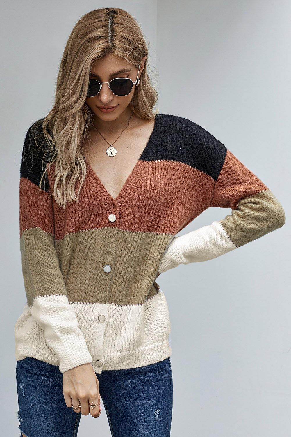 V Neck Buttoned ClosureColorblock Sweater Cardigan - L & M Kee, LLC