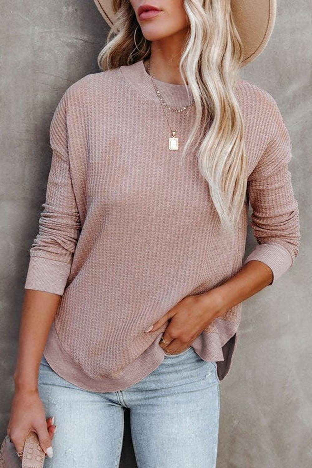 Crew Neck Ribbed Trim Waffle Knit Top - L & M Kee, LLC