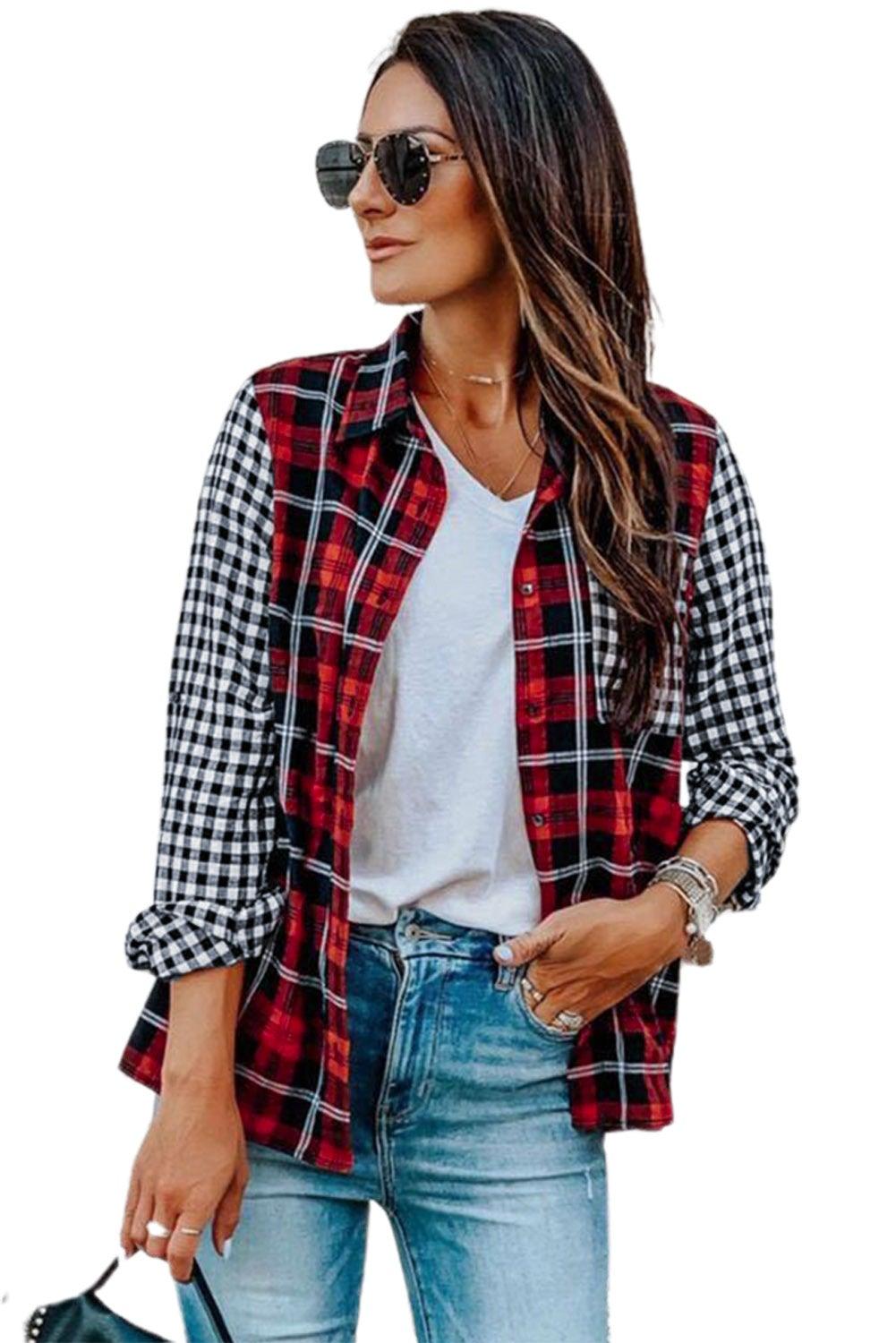 Plaid Splicing Hit Color Pockets Turndown Collar Long Sleeve Shirt - L & M Kee, LLC