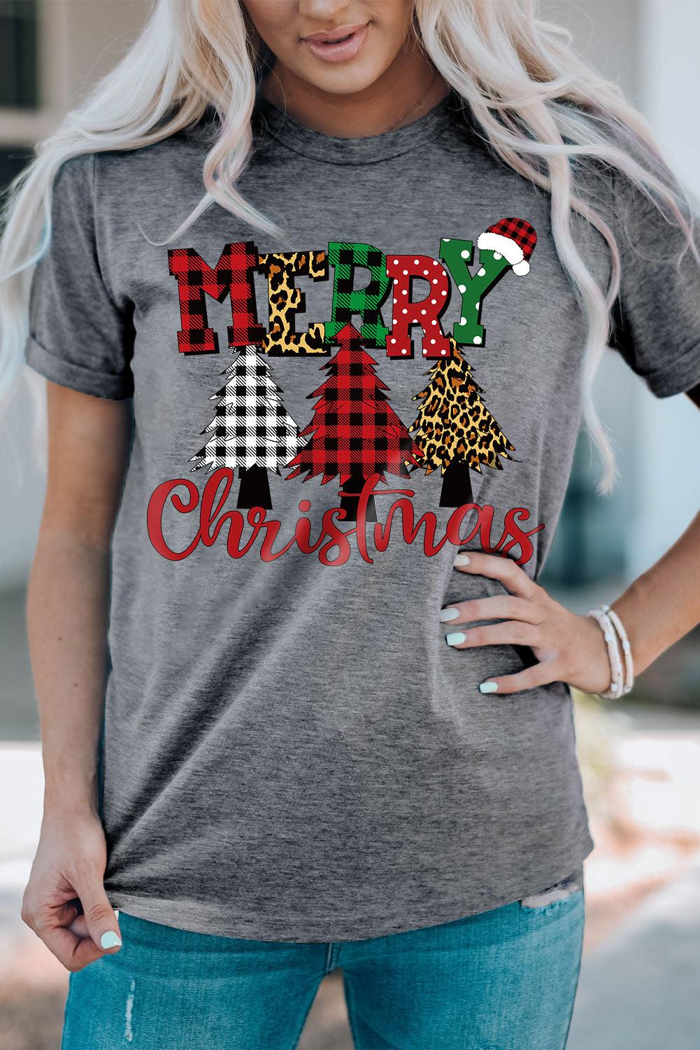 Merry Christmas Trees Graphic Print Short Sleeve T Shirt - L & M Kee, LLC