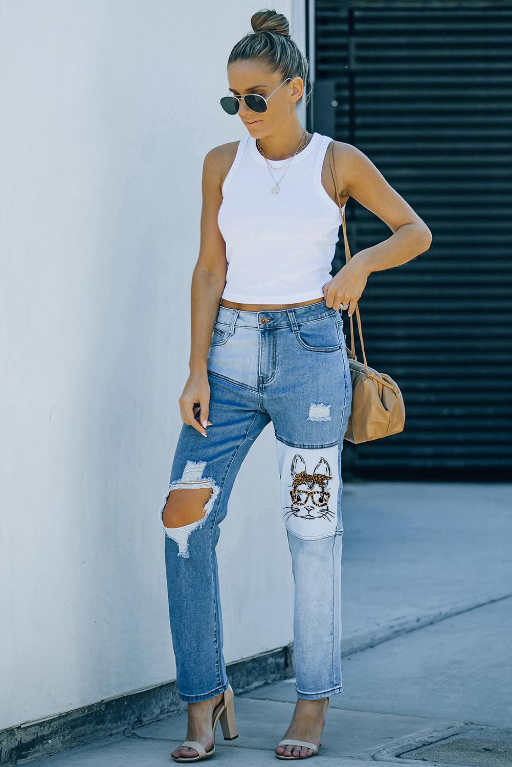 Colorblock Patchwork Ripped Hole Crop Straight Jeans - L & M Kee, LLC