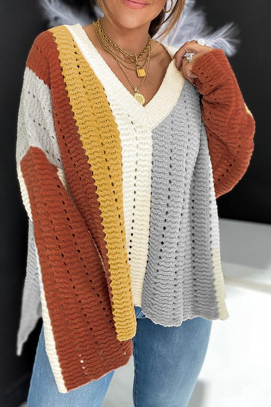 Multicolor Color Block Patchwork V Neck Knit Sweater - L & M Kee, LLC