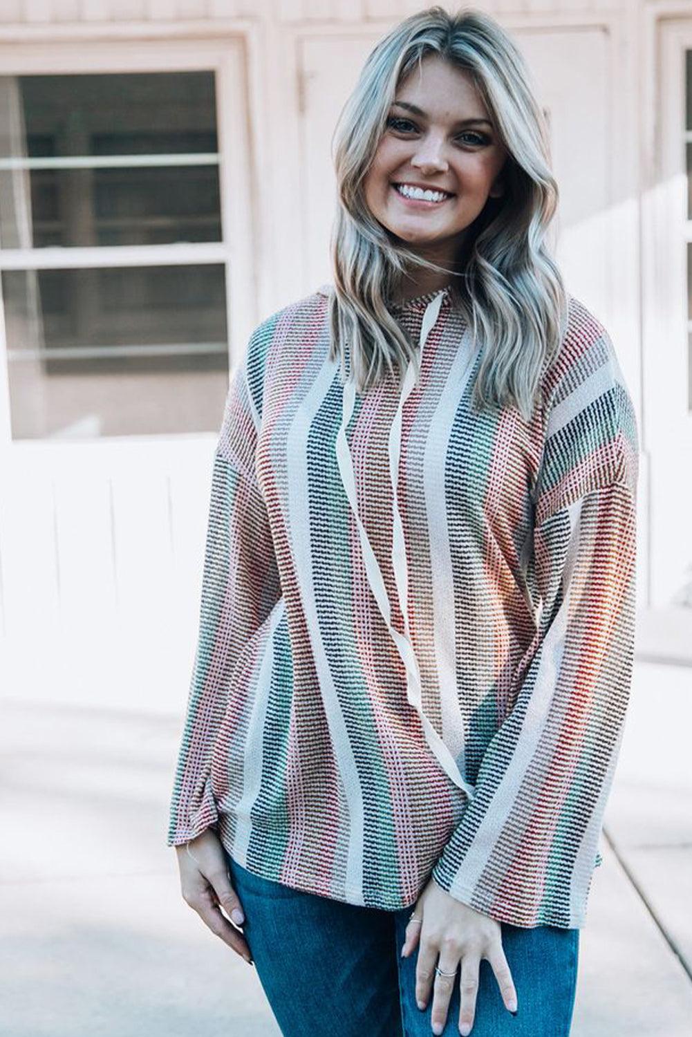 Multicolor Striped Drop Shoulder Textured Knit Hoodie - L & M Kee, LLC