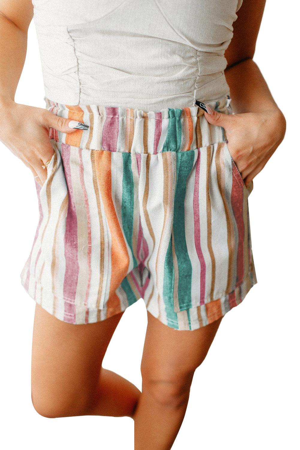 Stripe Vintage Washed Elastic Frill Waist Casual Shorts - L & M Kee, LLC