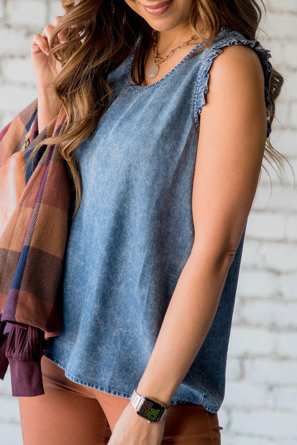 Ruffled Denim Tank Top - L & M Kee, LLC