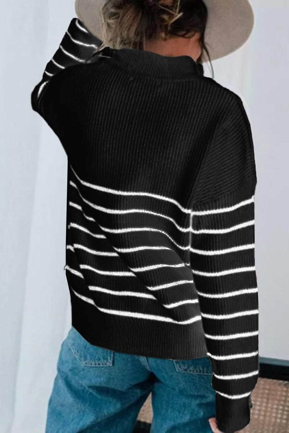Beige Striped Zipper Knit Sweater - L & M Kee, LLC