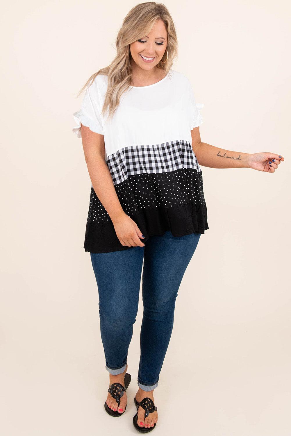 Plaid Dot Ruffled Plus Size Babydoll Top - L & M Kee, LLC