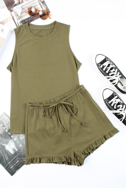 Crew Neck Tank and Drawstring Ruffled Shorts Lounge Set - L & M Kee, LLC