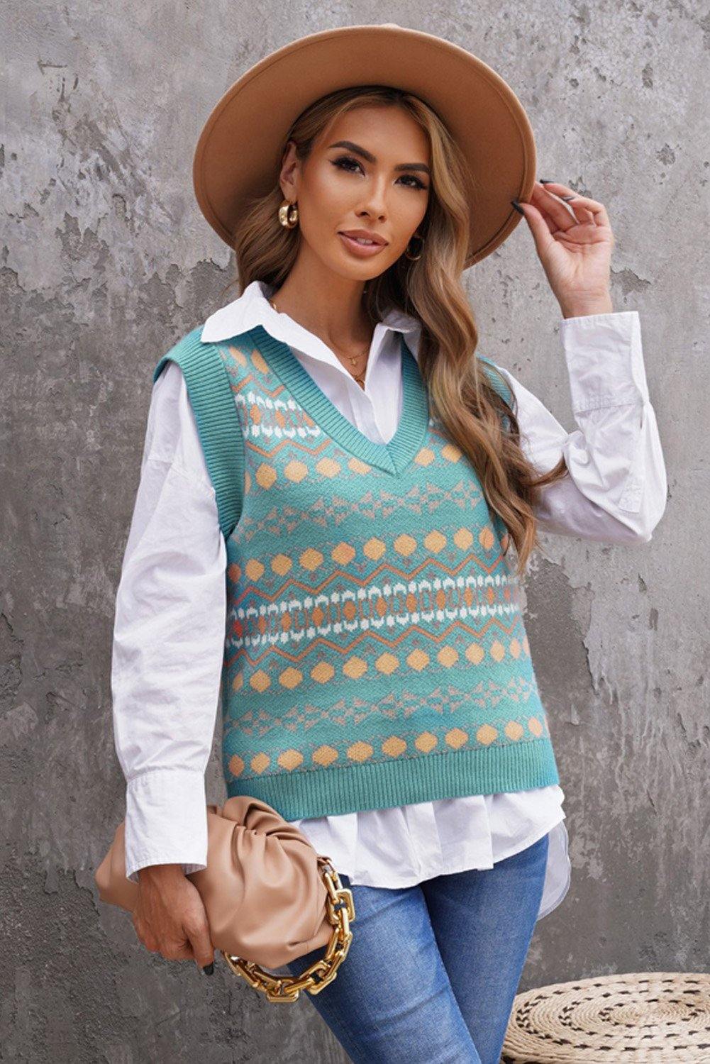 Tribal Print V Neck Knitted Sweater Vest - L & M Kee, LLC