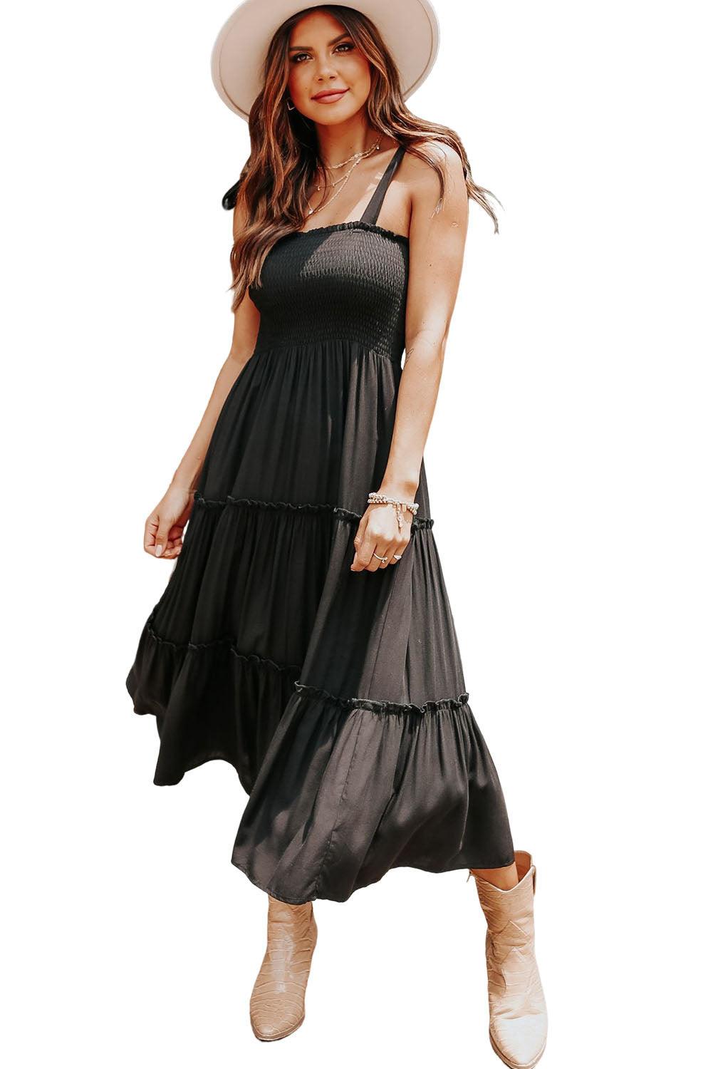 Tie Strap Smocked Frill Tiered Midi Dress - L & M Kee, LLC