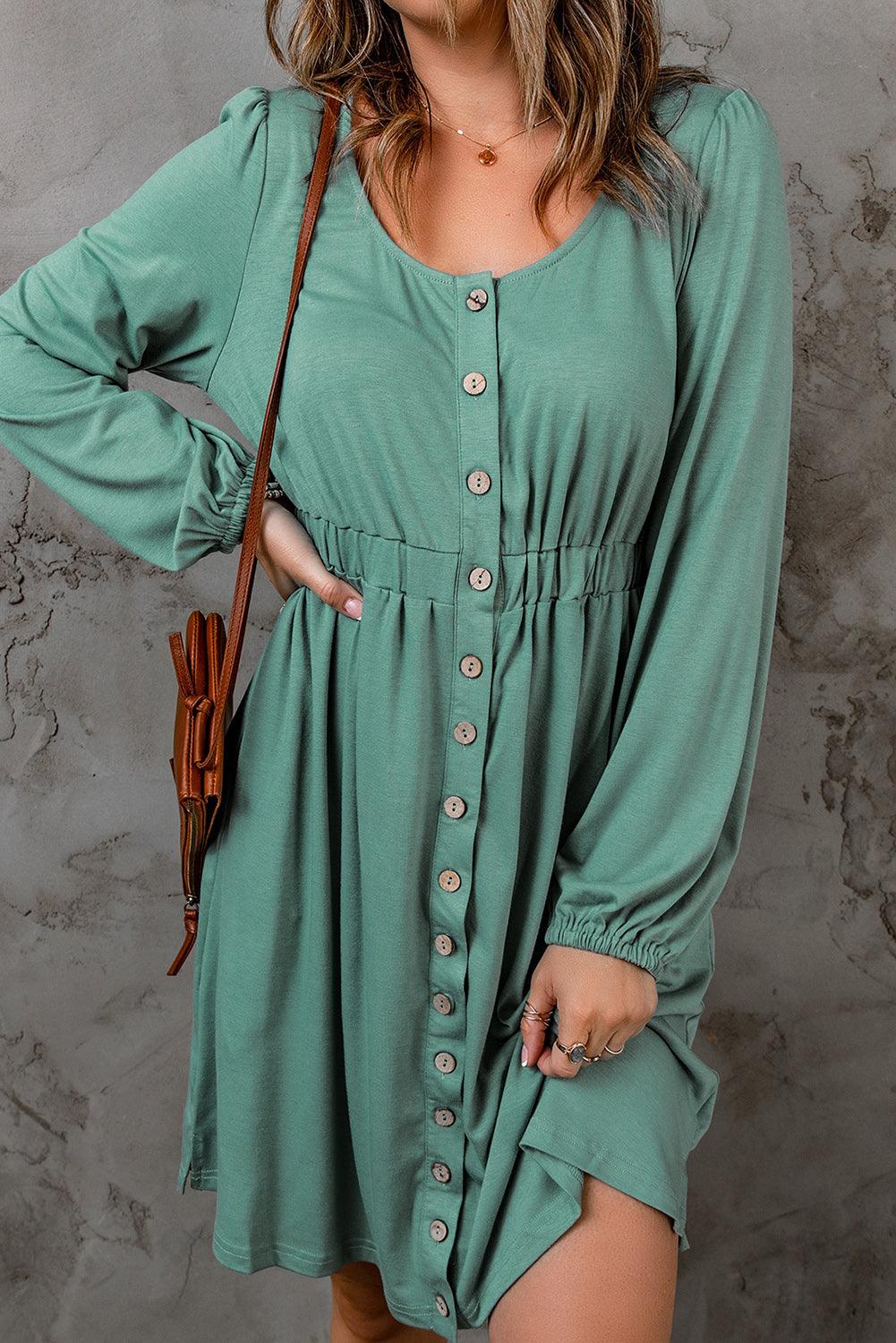 Button Up High Waist Long Sleeve Dress - L & M Kee, LLC