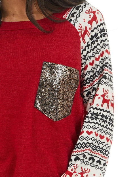 Christmas Print Sleeve Sequin Pocket RaglanTop - L & M Kee, LLC