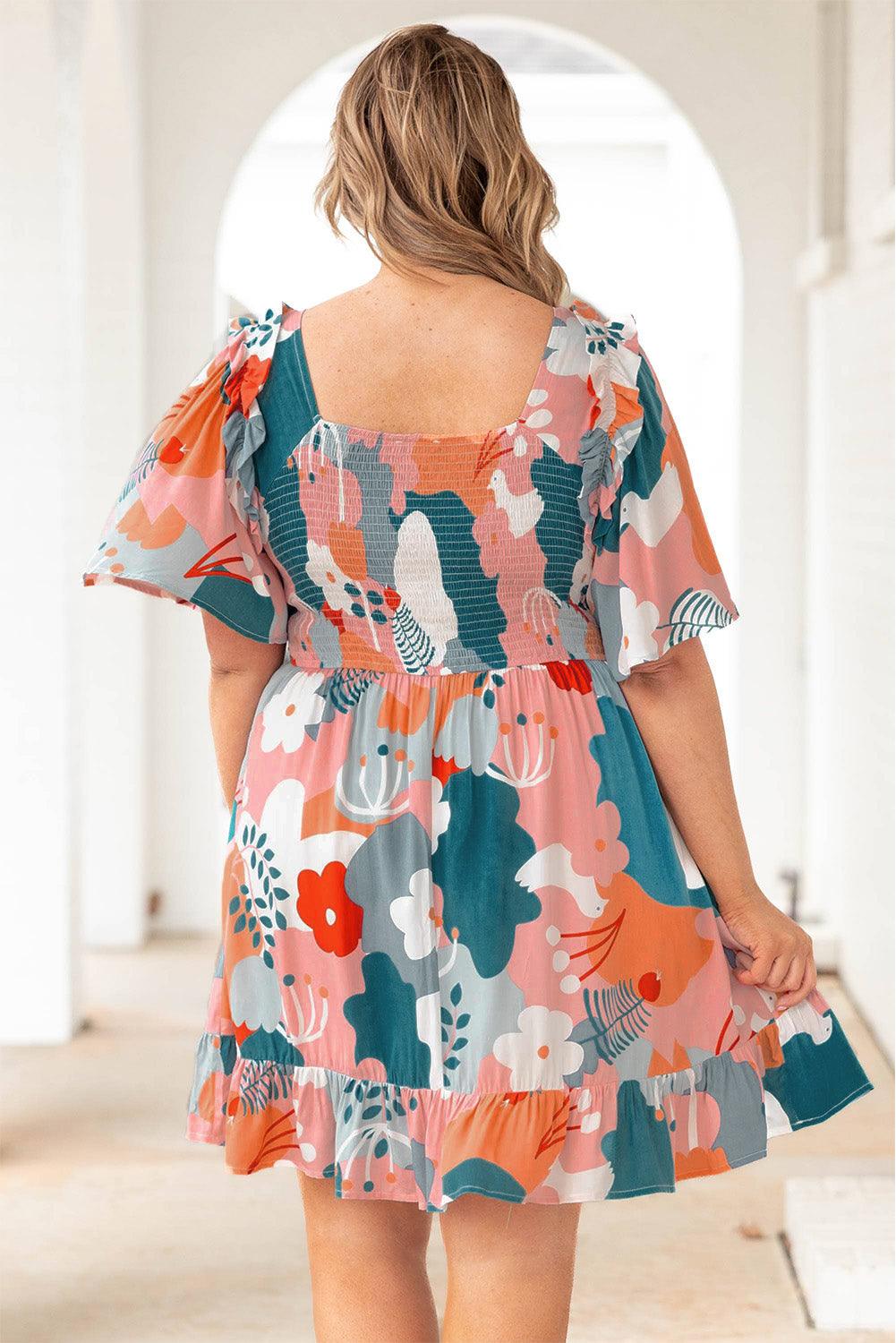 Multicolor Plus Size Shirred Mixed Print Ruffle Dress - L & M Kee, LLC