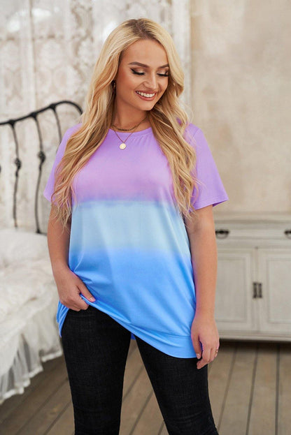 Crew Neck Tie-dye Colorblock Plus Size Tee - L & M Kee, LLC