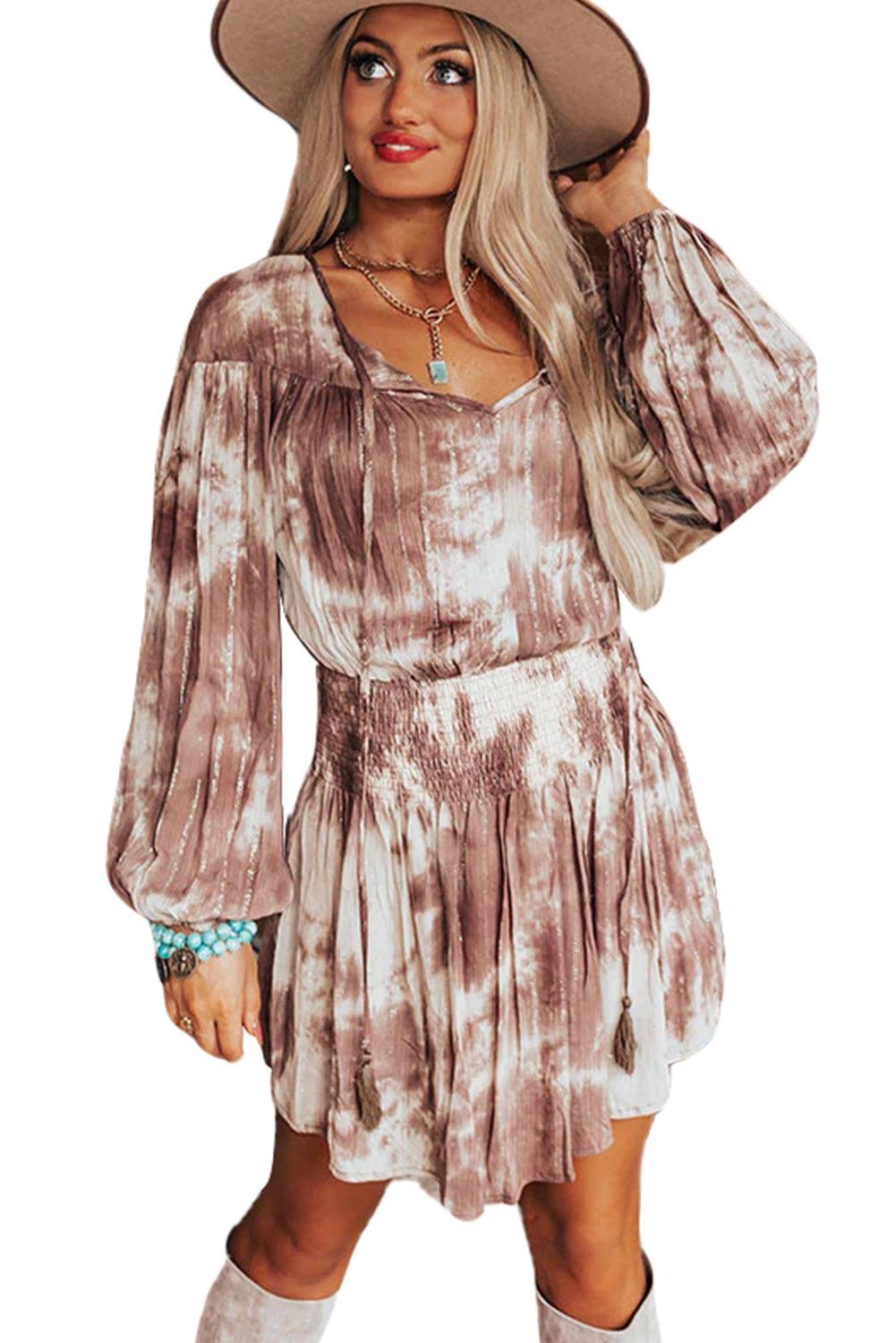 Tie Dye Smocked Waist Long Sleeve Dress - L & M Kee, LLC