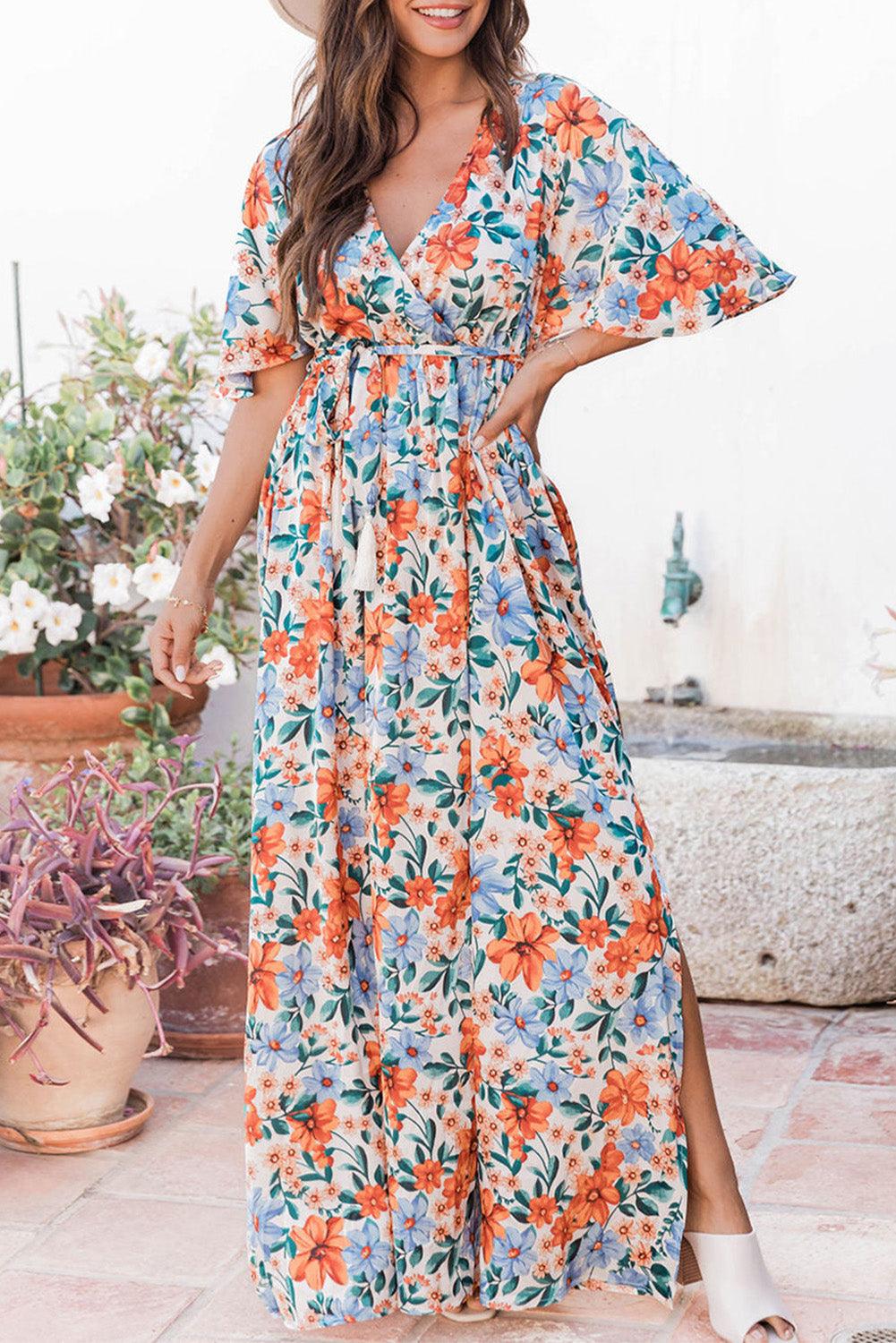 Floral Print Wrap Belted Maxi Dress - L & M Kee, LLC