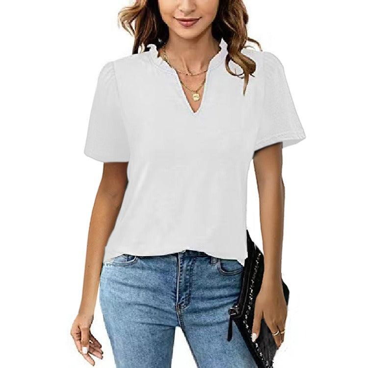 Popular Edge V-Neck Pleated Casual Short Sleeve Shirt - L & M Kee, LLC