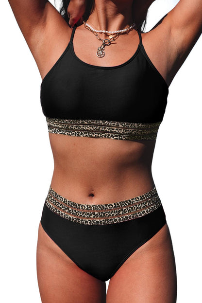 Black Rose Leopard Mesh Trim 2pcs Bikini Swimsuit - L & M Kee, LLC