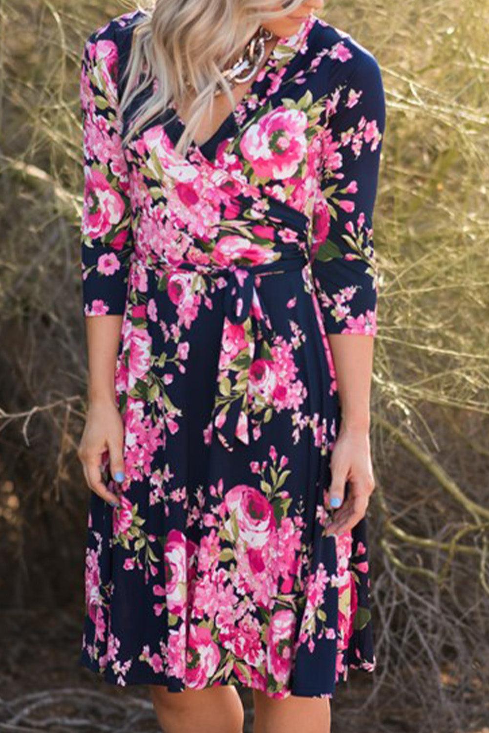 Wrap V Neck Floral Dress with Belt - L & M Kee, LLC