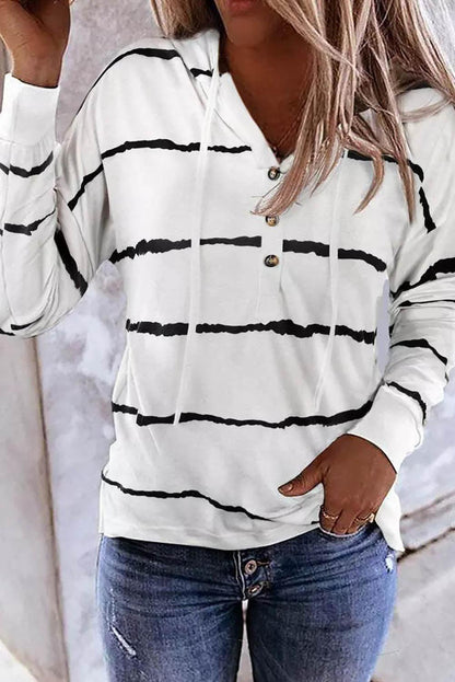 Striped Drawstring Button Long Sleeve Hoodie - L & M Kee, LLC